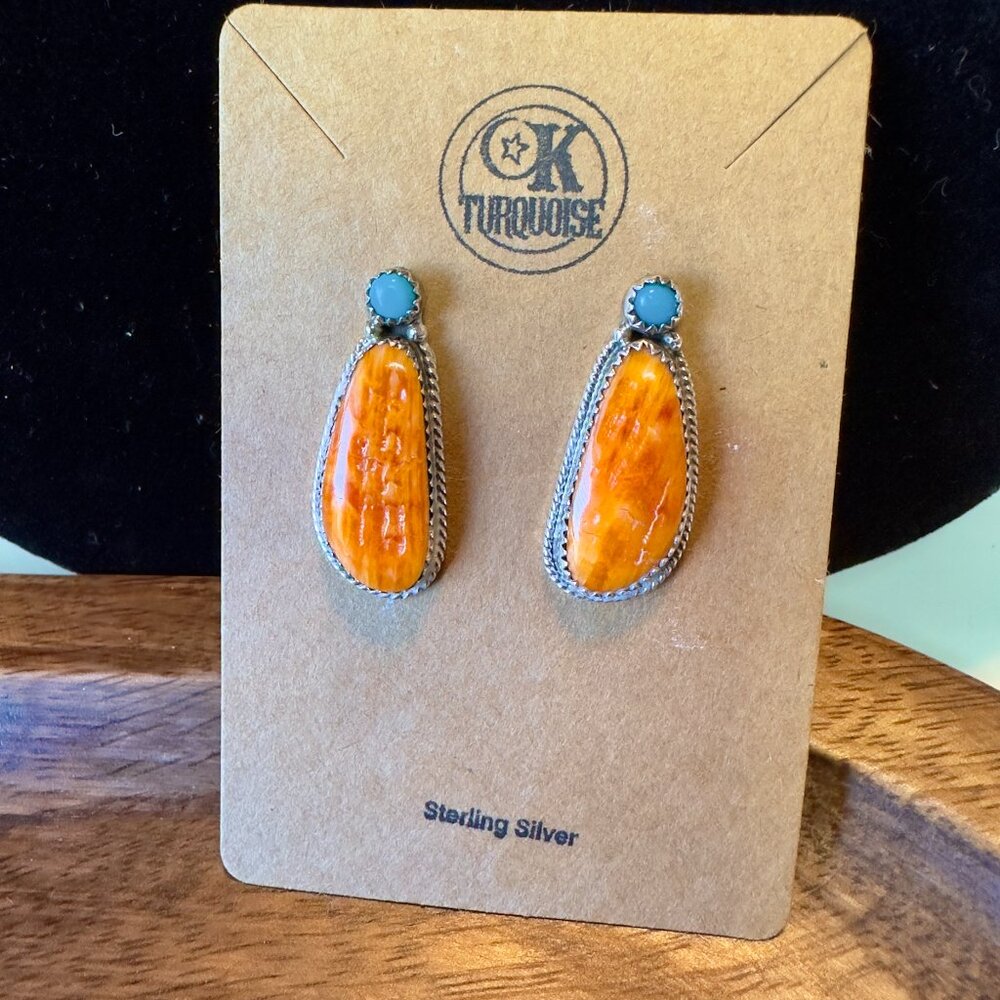 Orange Spiny Oyster, Turquoise and Sterling Silver Navajo Post Earrings